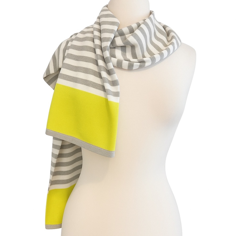 Grey & lime striped knit scarf soft lightweight bylyse spénard layering piece